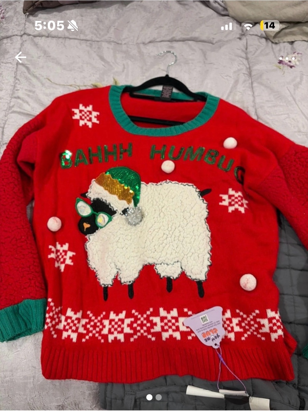 Hooked Up by IOT Red Holiday Sheep Sweater with Green Trim